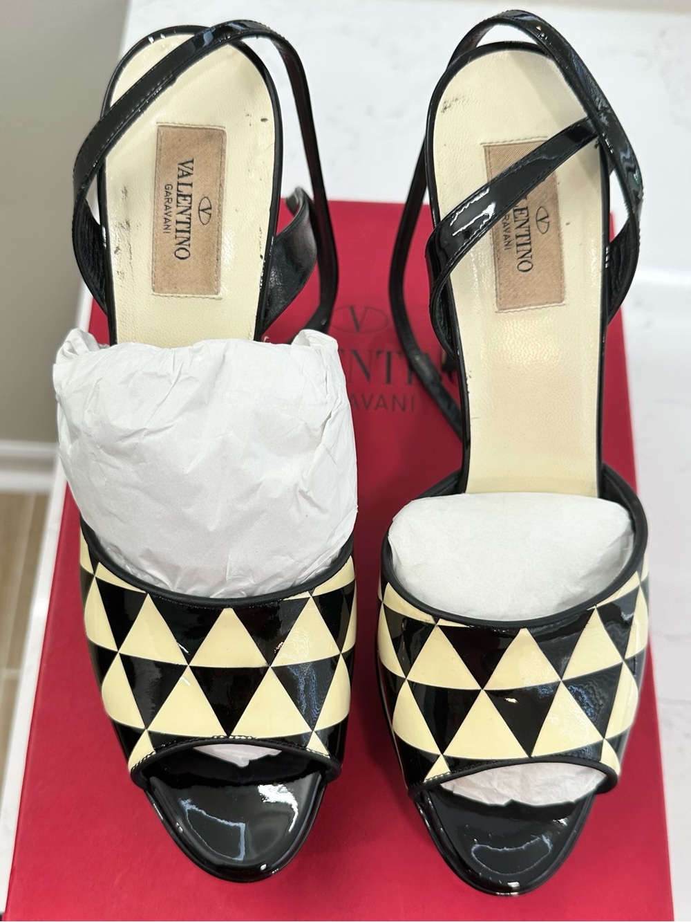 Valentino Black and Cream Triangle Patent Ankle Strap Heels